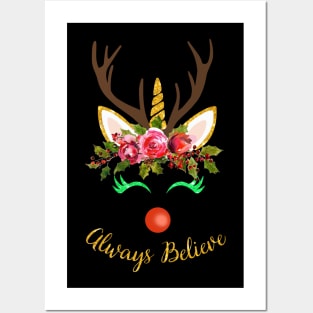 Always Believe T-Shirt Christmas Unicorn Posters and Art